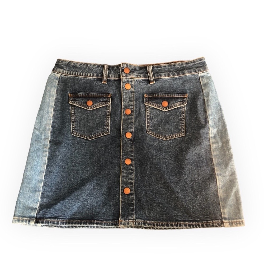 Madewell Women Sz 31 Jean Skirt Blue Two Tone Colorblock Button Fly Stretch